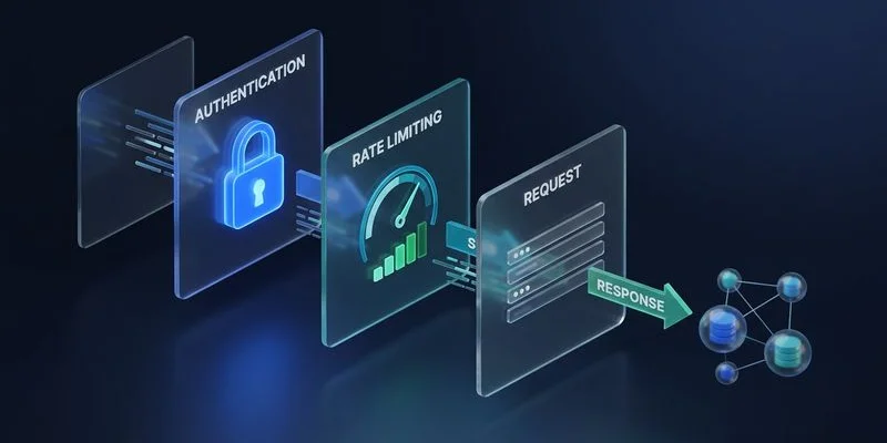 API request flow showing authentication, rate limiting, and response handling