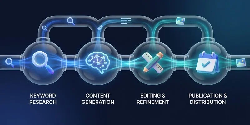 Bulk content pipeline showing stages from keyword upload through publication