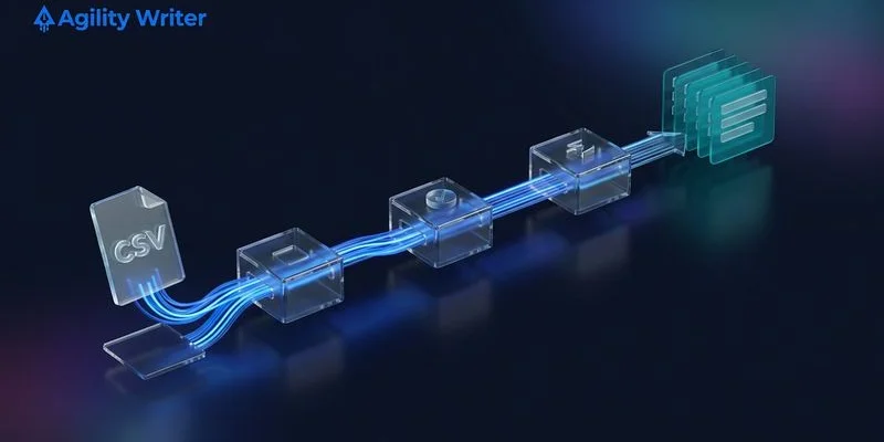 CSV upload workflow showing file preparation, batch settings, and generation queue