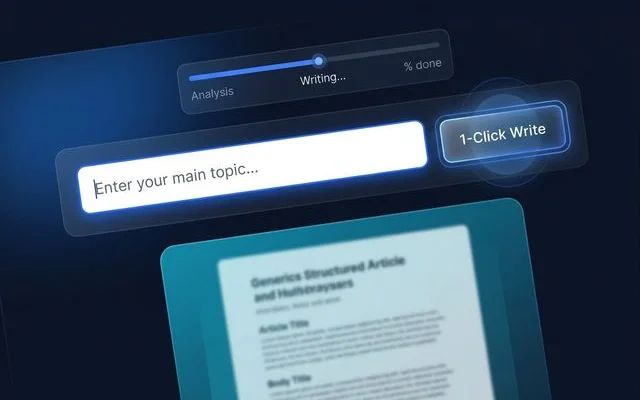1-Click Mode dashboard showing keyword input and generated article preview